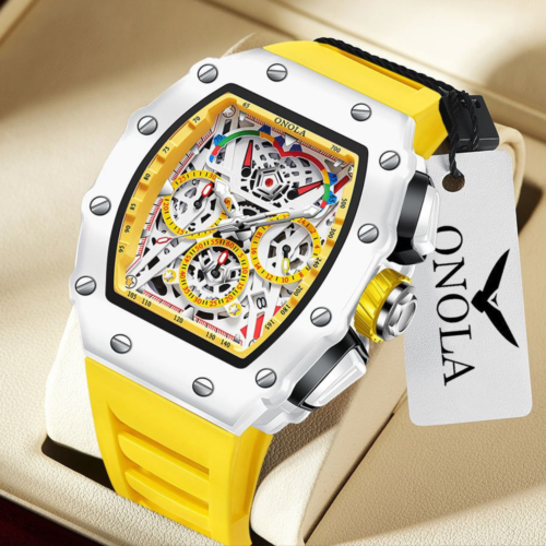 Luxury Skeleton Dial Yellow Strap Sport Watch