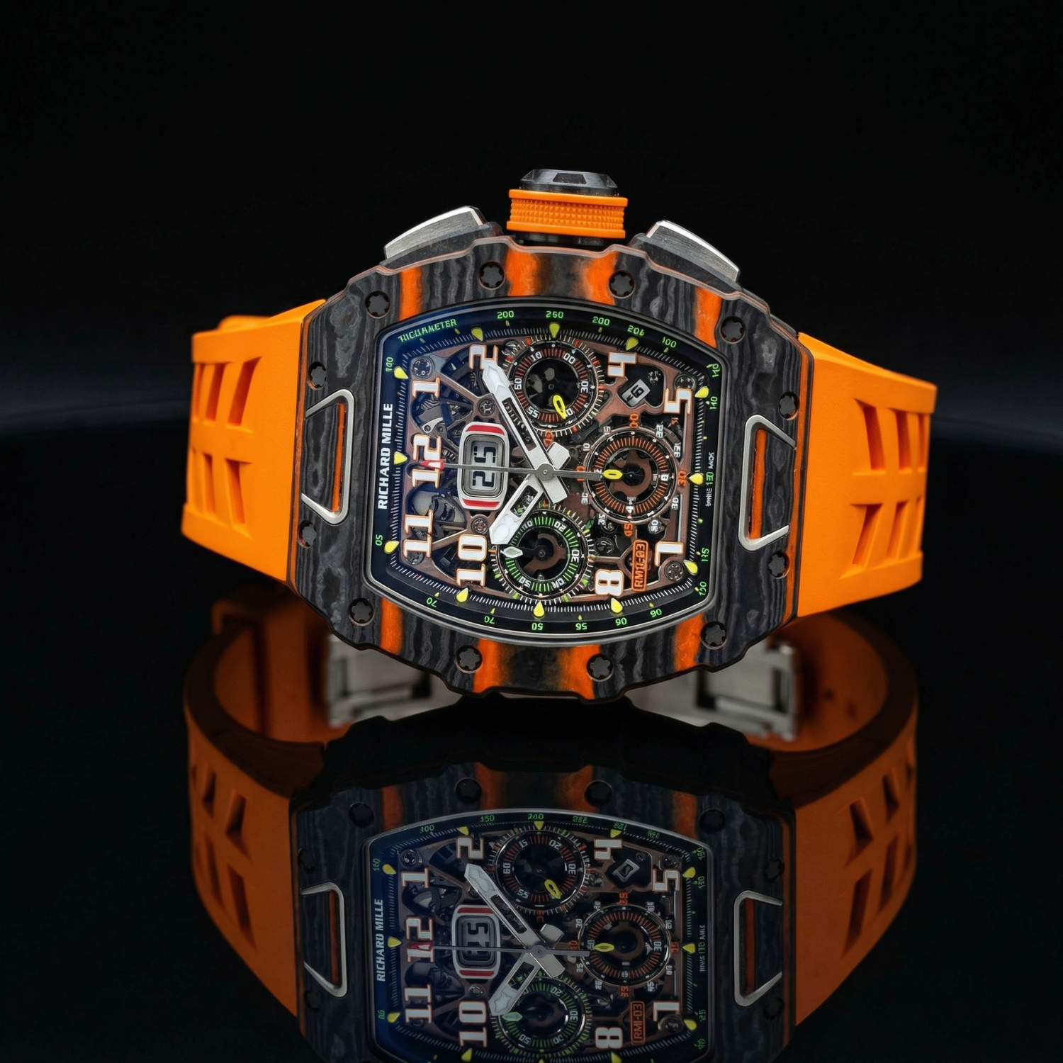 Luxury Carbon Fiber Orange Strap Skeleton Sport Watch - Image 3