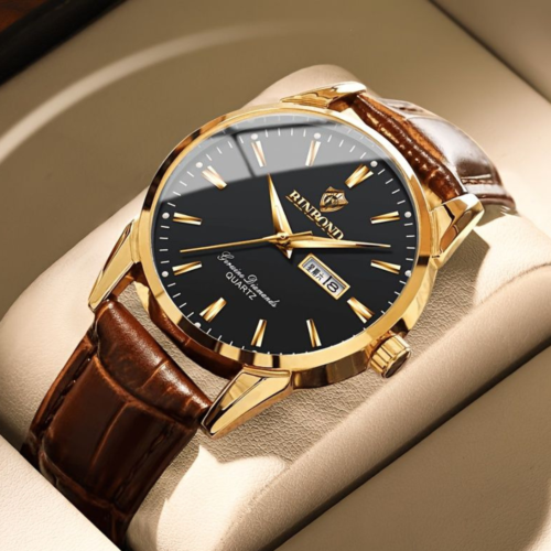 Luxury Gold Quartz Leather Strap Men’s Wrist Watch