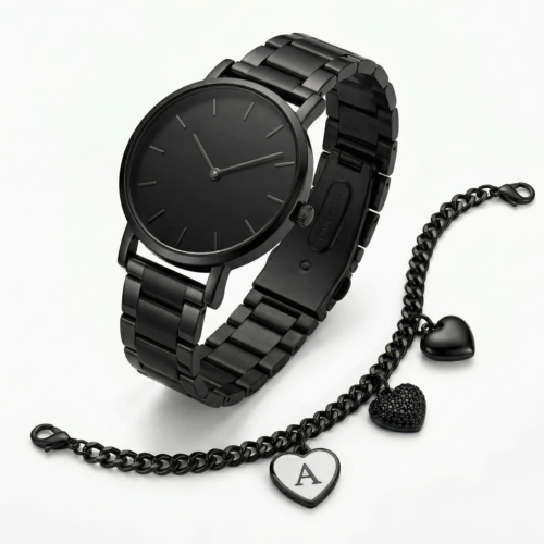 Elegant Black Watch and Heart Charm Bracelet Set